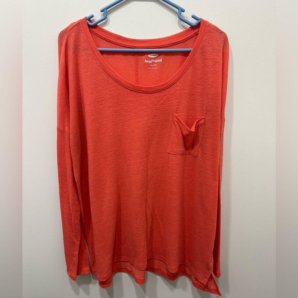 Old Navy Long Sleeve XL Pink Orange‎ Boyfriend Tee Crew Neck Pullover